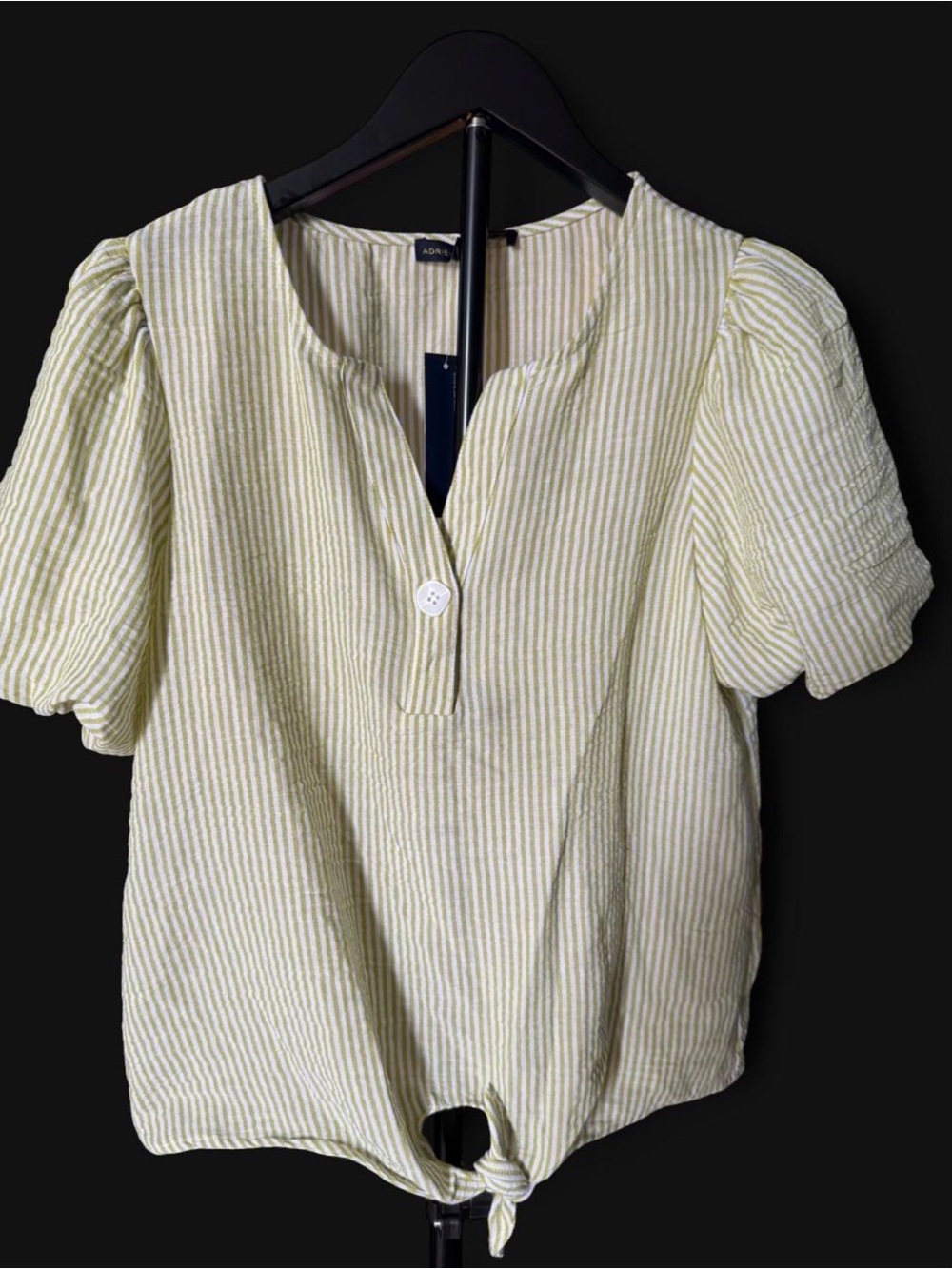 Adrianna Papell Pale Yellow & White Striped Tie-Hem Puff Sleeve Blouse